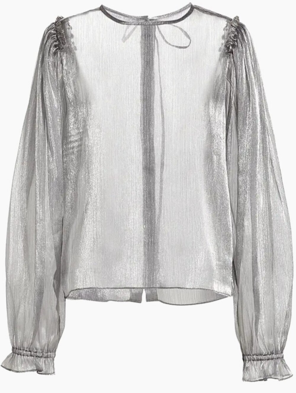 M • Free People • Freya Metallic Semi-Sheer Silver Balloon-Sleeve Blouse - Picture 2 of 7